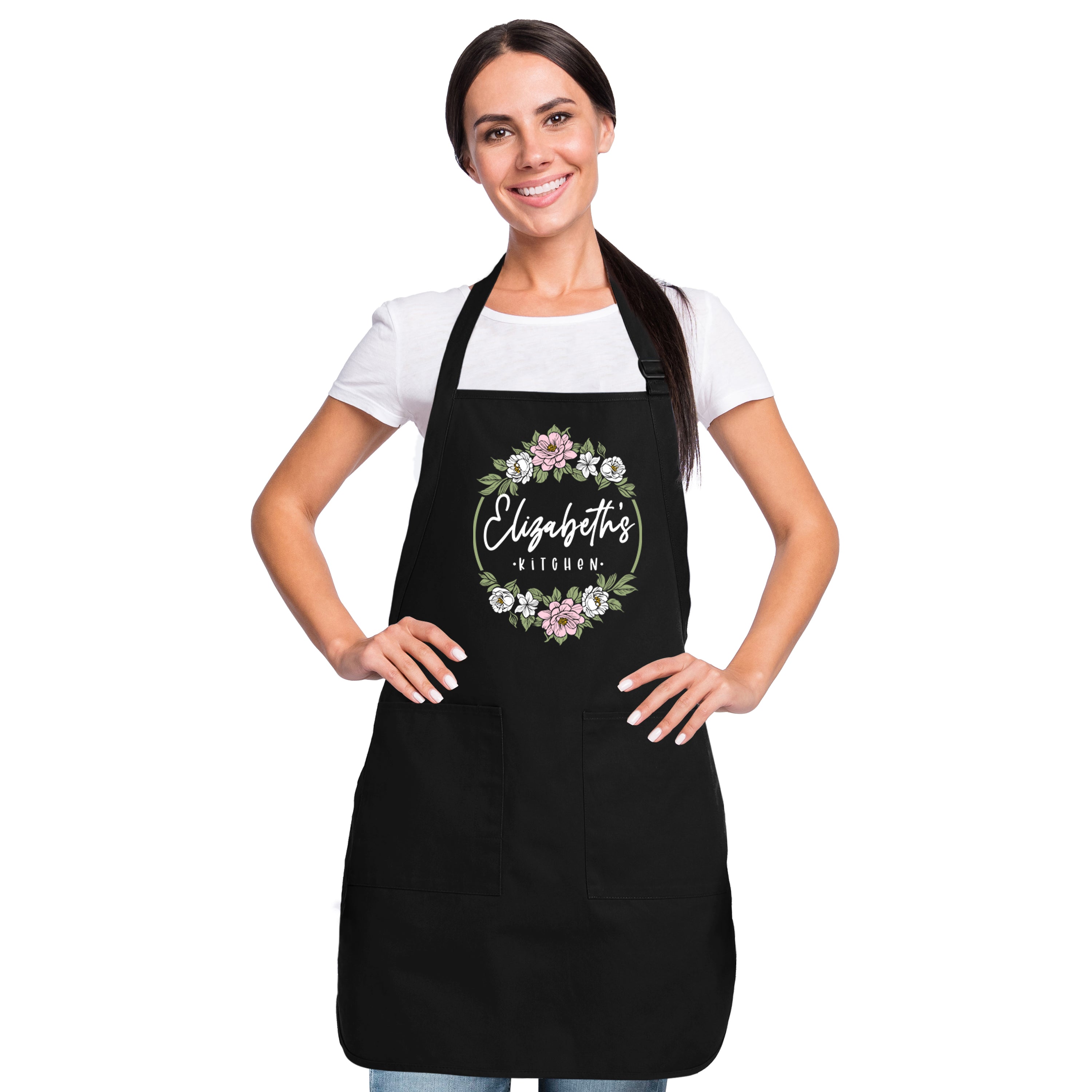 Custom Personalized Pink Floral Utensils Your Name Kitchen Apron.