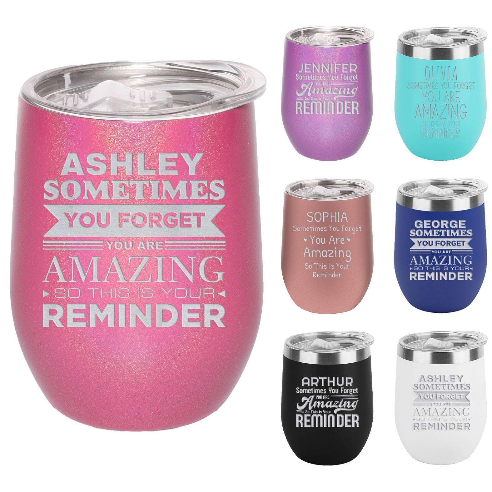 Custom Personalized Your Name You Are Amazing Reminder Engraved Insulated Stainless Steel Wine Tumbler with Lid 12 oz.