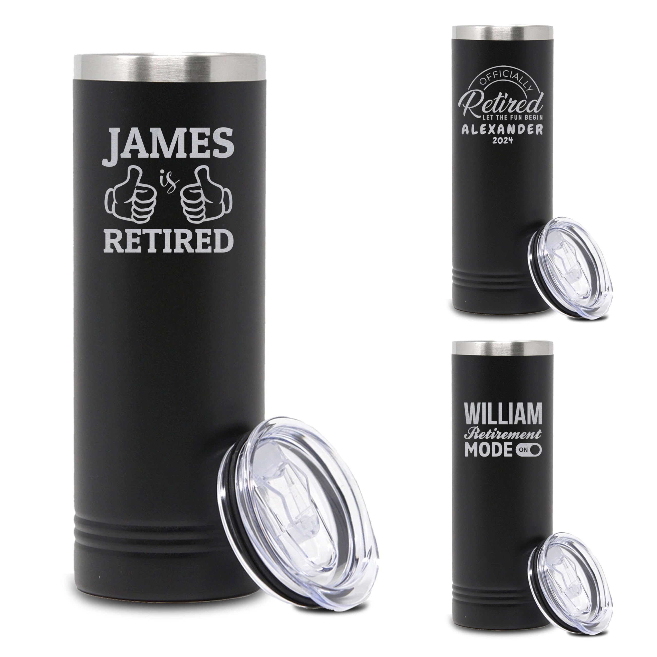 Custom Personalized Happy Retirement Engraved Skinny Slim Black Tumbler with Lid 20 oz.