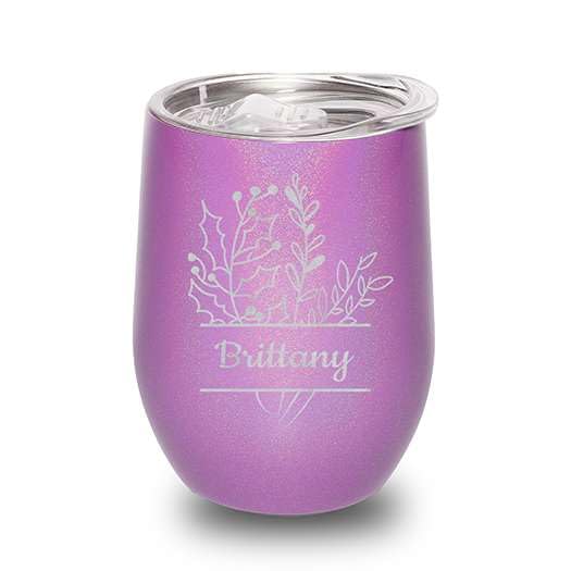 Custom Personalized Birth Flower Your Name in Banner Engraved Insulated Stainless Steel Wine Tumbler with Lid 12 oz.