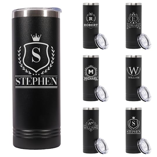 Custom Personalized Monogram Initial Name Engraved Skinny Black Tumbler with Lid 20 oz.