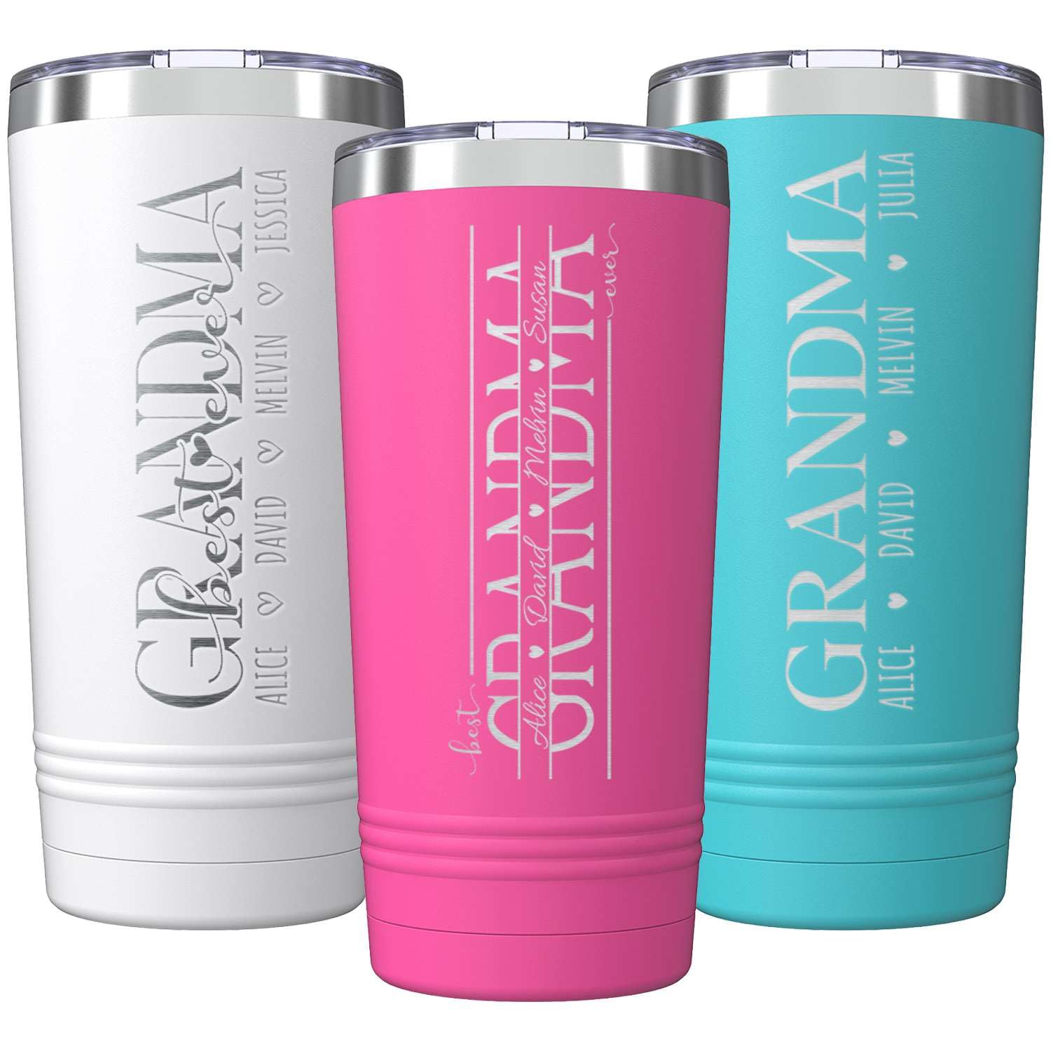 Custom Personalized Grandma Your Grandkids Name Engraved Insulated Stainless Steel Tumbler with Lid 20 oz.