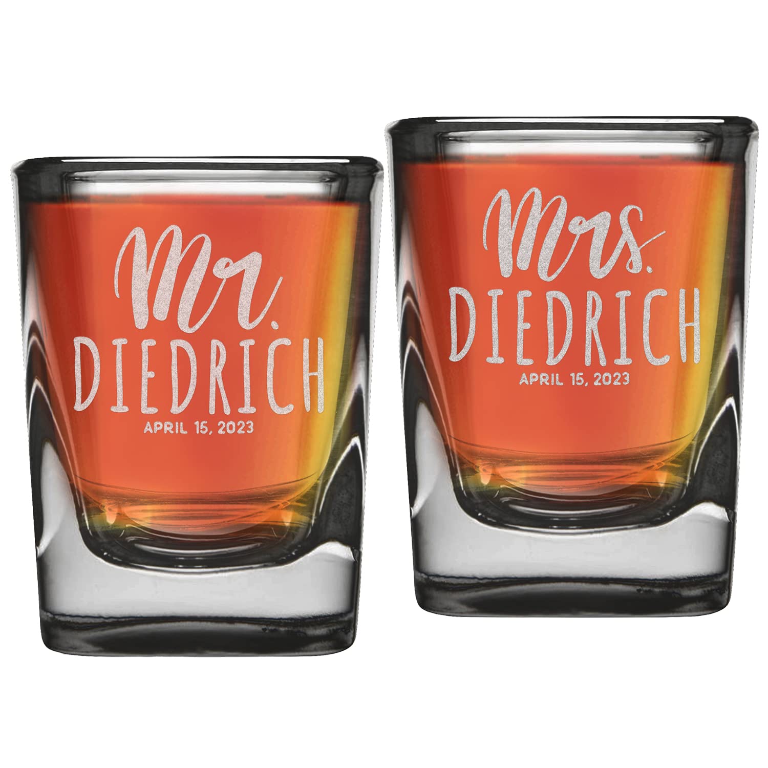 Custom Personalized Wedding Engraved Square Heavy Base Prism Shot Glass 2 oz.