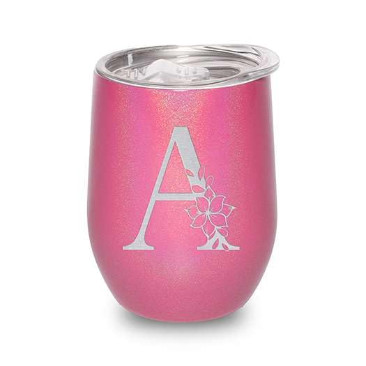 Floral Monogram Letter Initial Engraved Insulated Stainless Steel Wine Tumbler with Lid 12 oz.