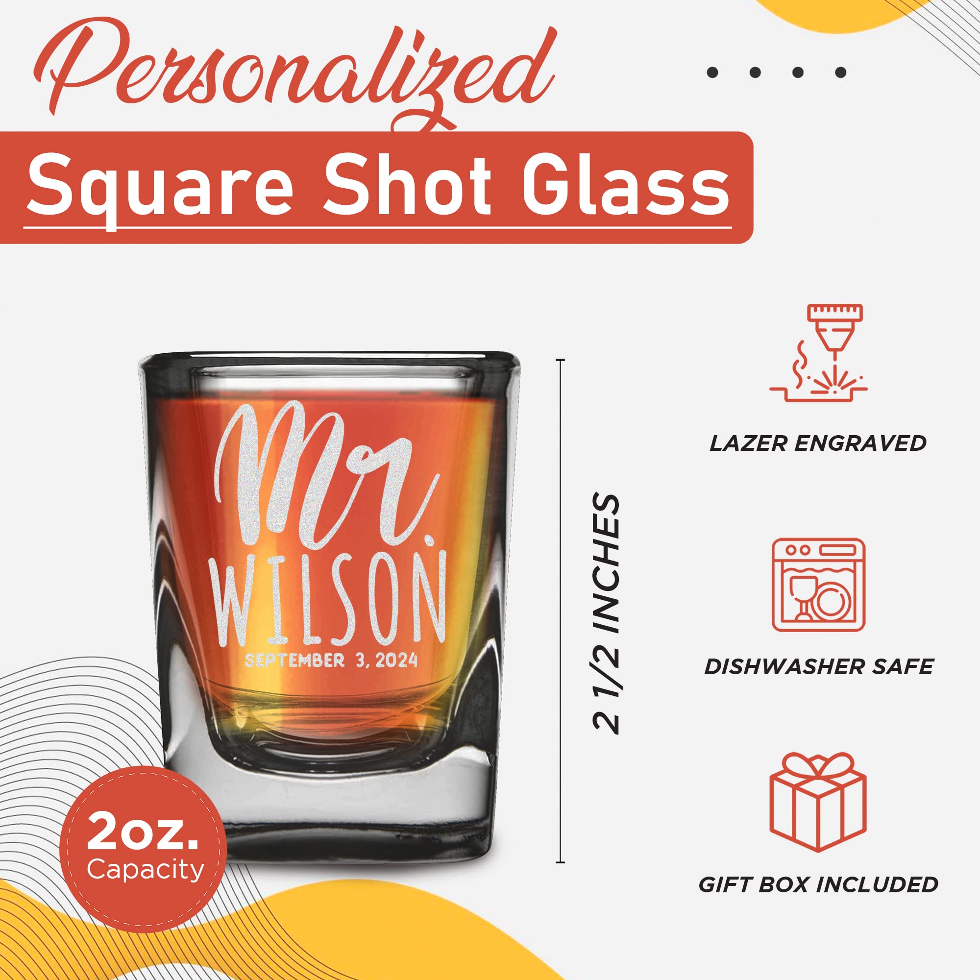 Custom Personalized Wedding Engraved Square Heavy Base Prism Shot Glass 2 oz.