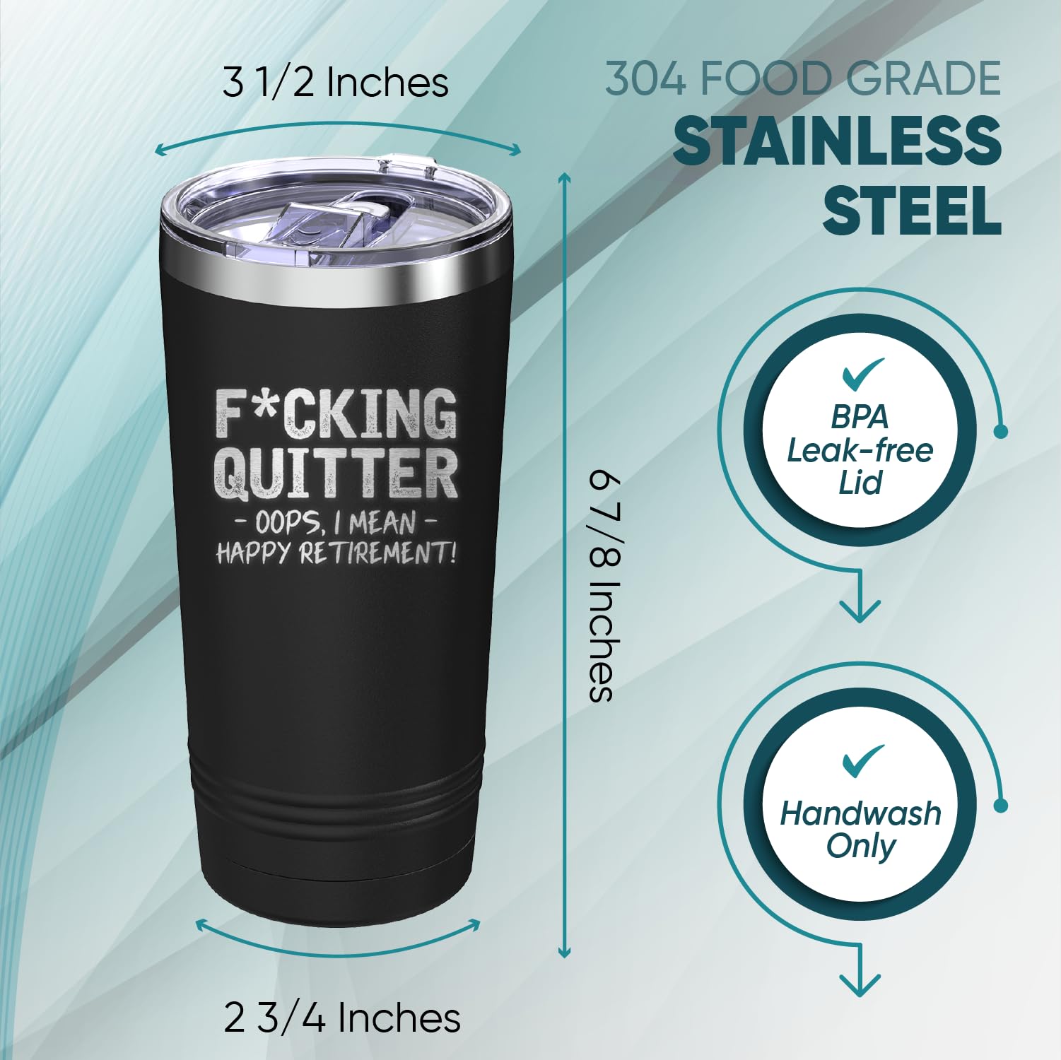 Quitter Oops, I Mean Happy Retirement! Engraved Insulated Stainless Steel Coffee Tumbler with Lid 20 oz.