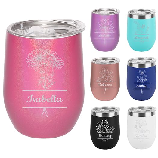 Custom Personalized Birth Flower Your Name in Banner Engraved Insulated Stainless Steel Wine Tumbler with Lid 12 oz.