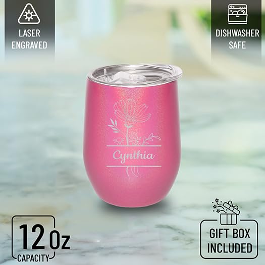 Custom Personalized Birth Flower Your Name in Banner Engraved Insulated Stainless Steel Wine Tumbler with Lid 12 oz.