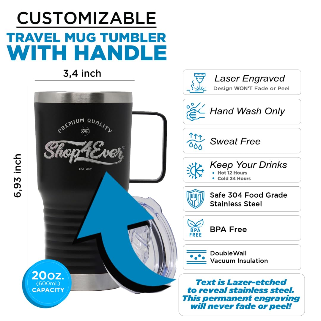 Custom Personalized Your Text Stainless Steel Travel Cup with Handle Tumbler 20oz.