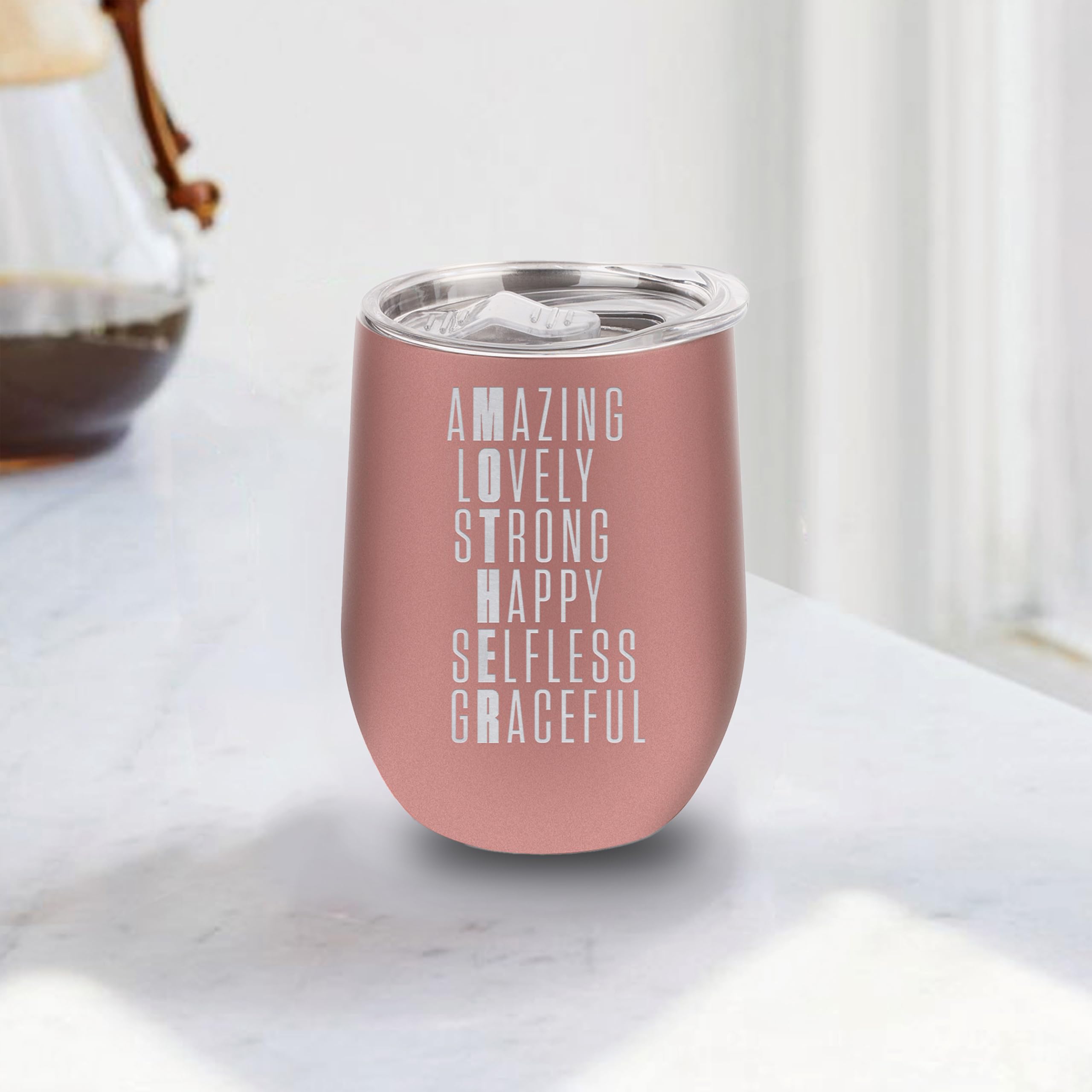 Mother Amazing Happy Selfless Mom Engraved Insulated Stainless Steel Wine Tumbler 12oz.