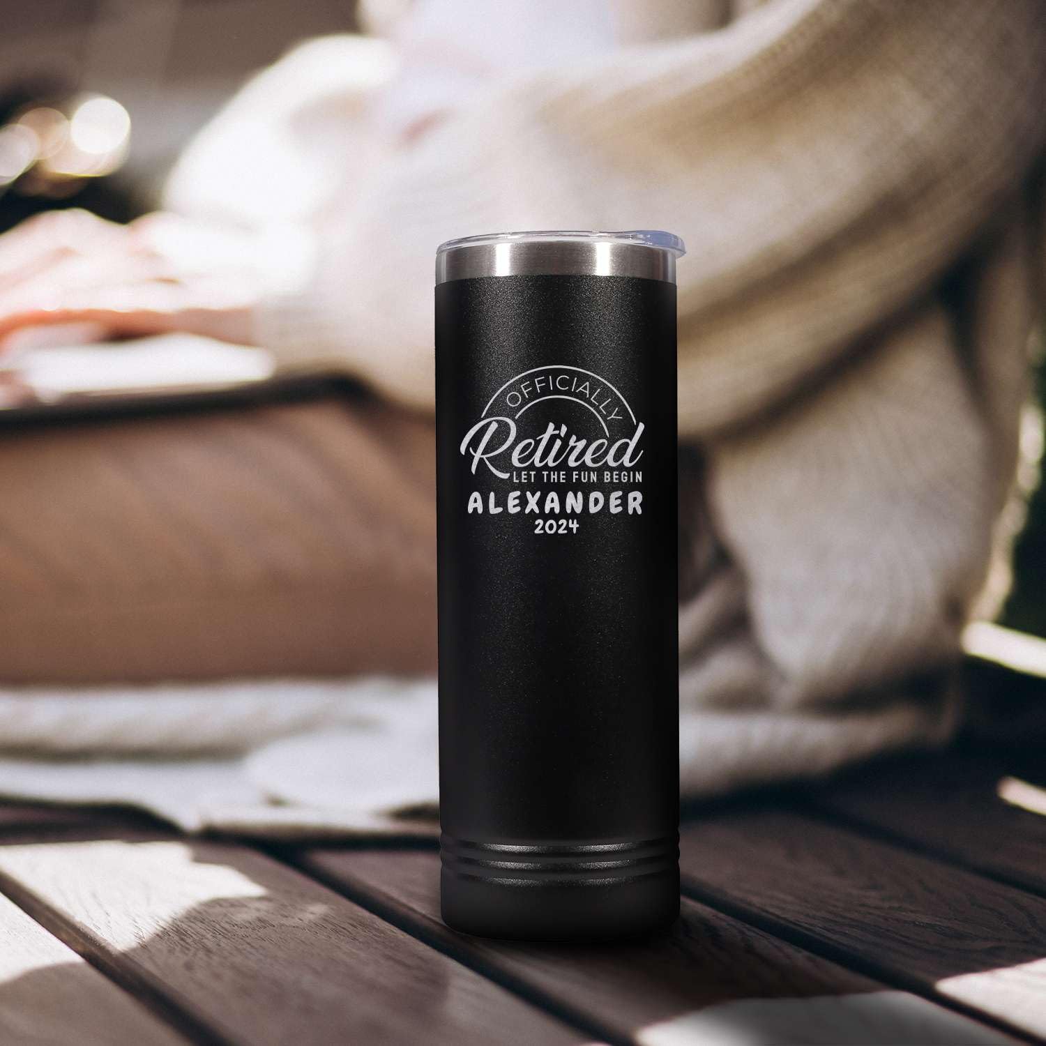 Custom Personalized Happy Retirement Engraved Skinny Slim Black Tumbler with Lid 20 oz.