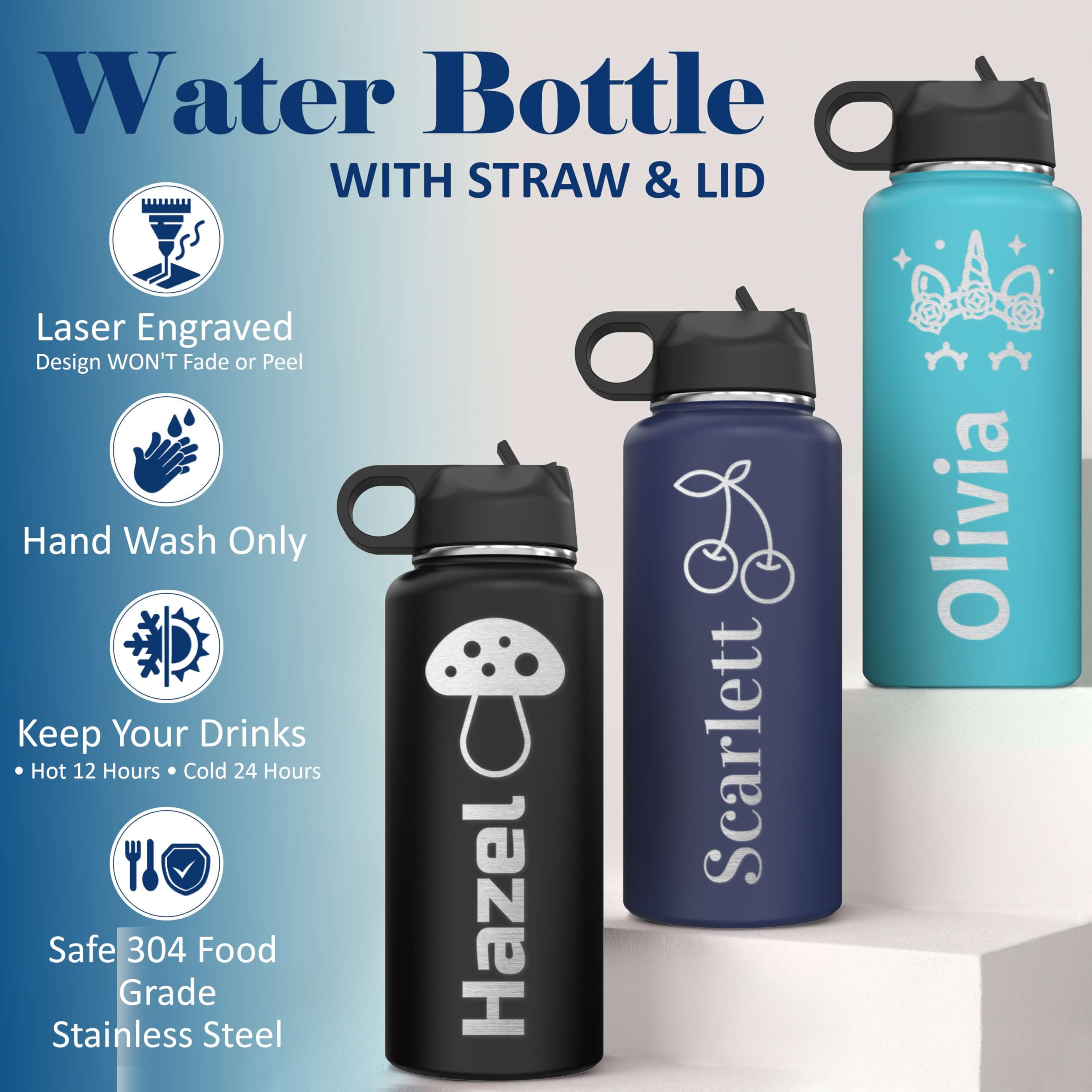 Custom Personalized Girls Name & Icon Insulated Stainless Steel Water Bottle 32 oz.