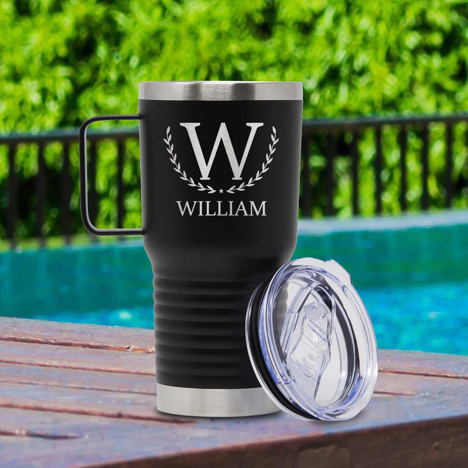 Personalized Monogram Stainless Steel Travel Cup with Handle Tumbler 20oz.