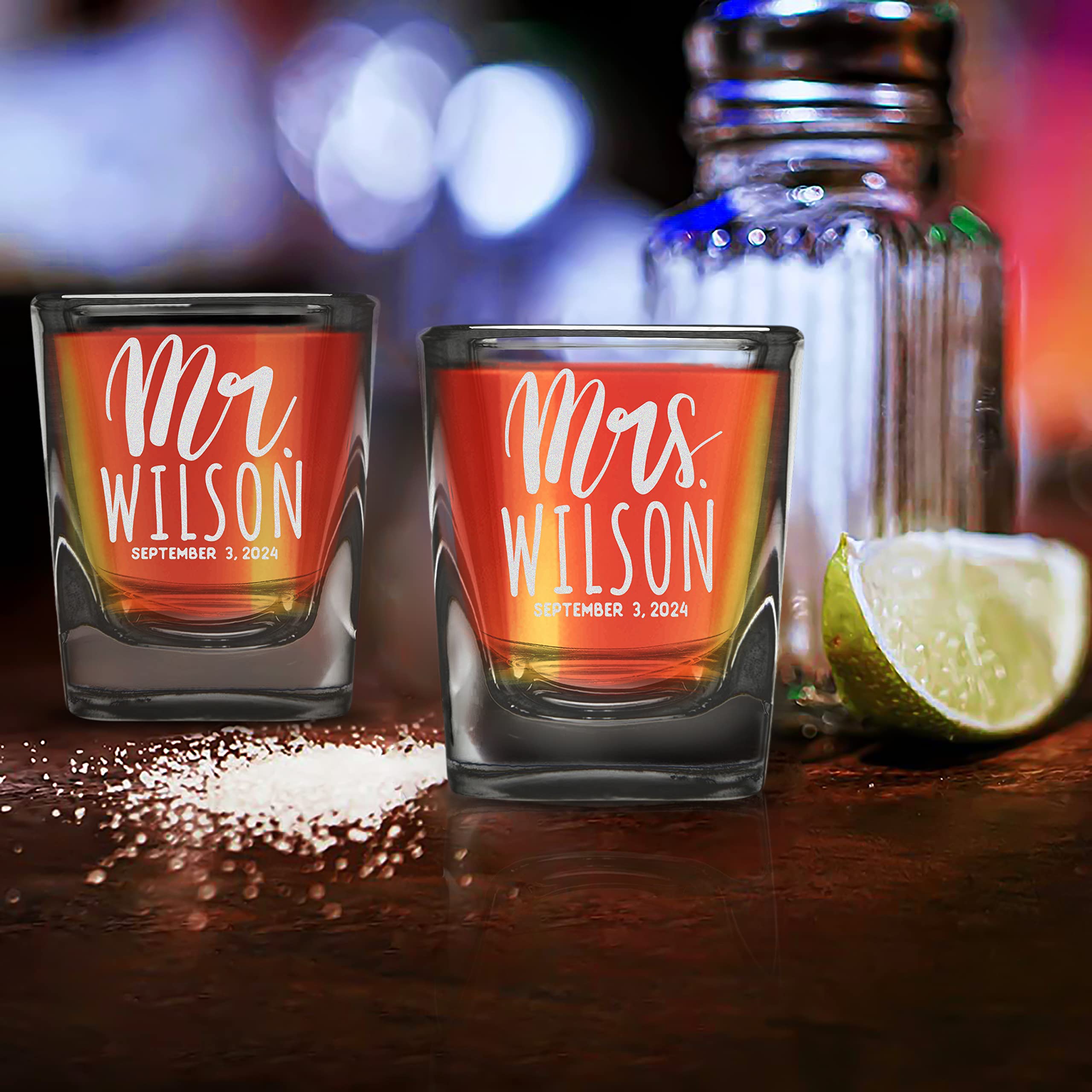 Custom Personalized Wedding Engraved Square Heavy Base Prism Shot Glass 2 oz.