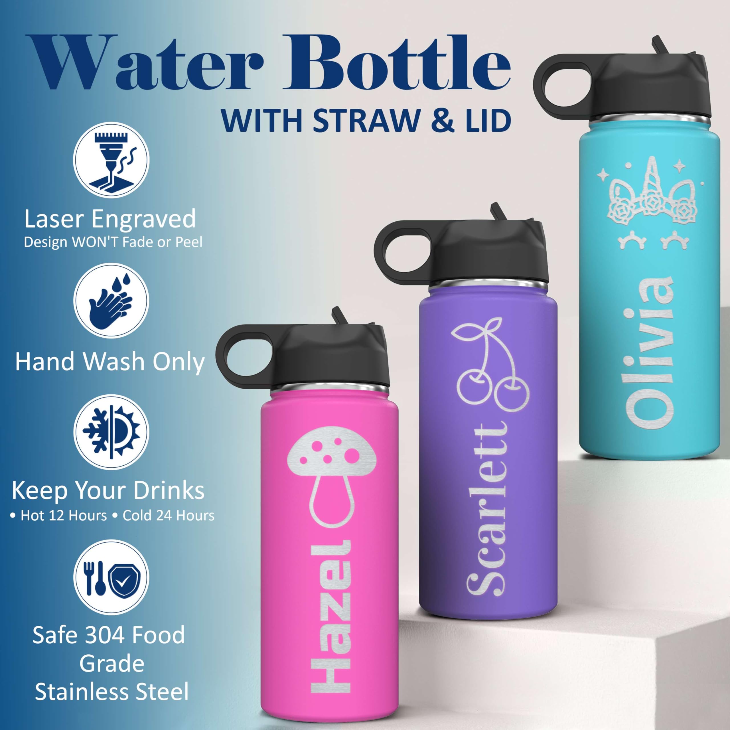 Custom Personalized Girls Name & Icon Insulated Stainless Steel Water Bottle 18oz.