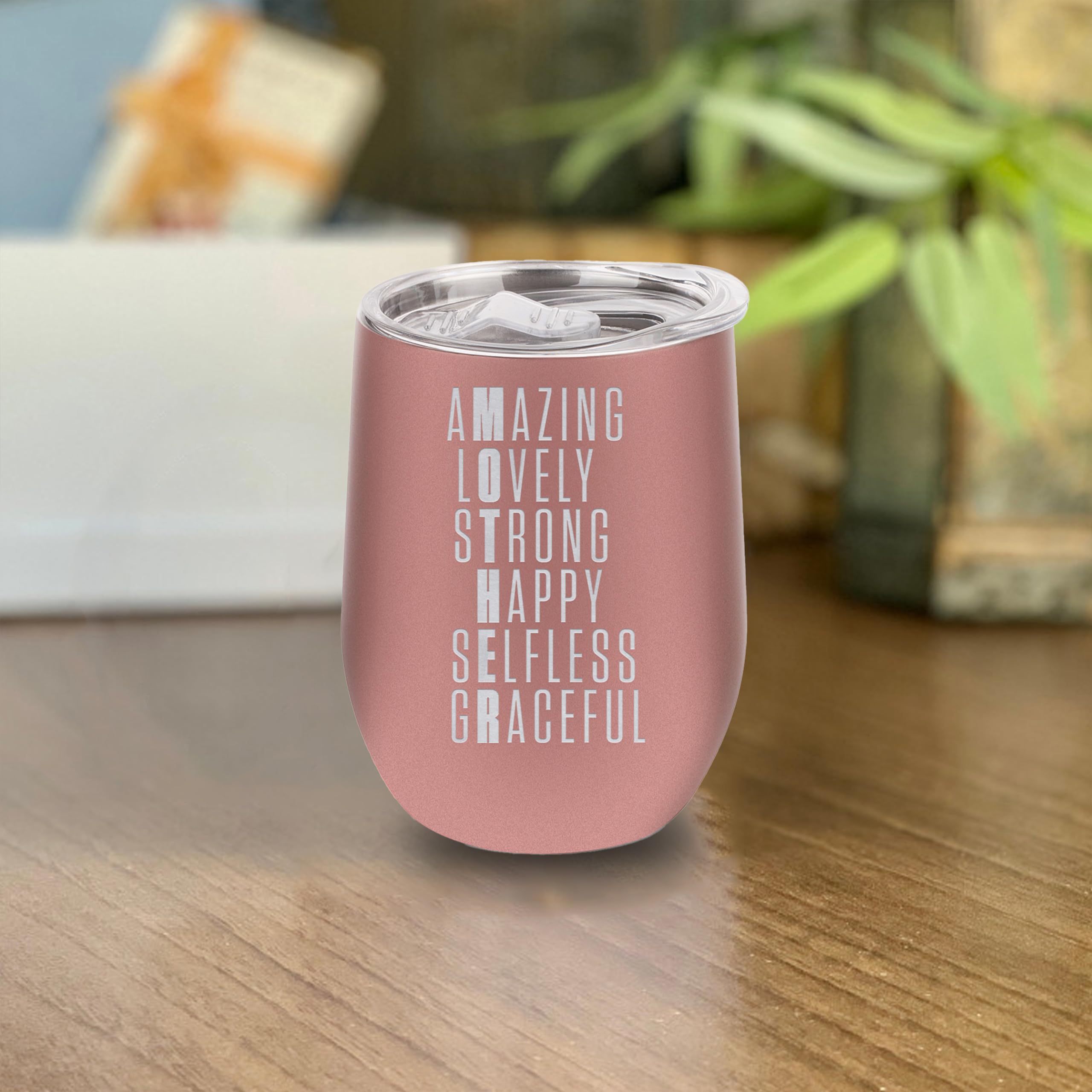 Mother Amazing Happy Selfless Mom Engraved Insulated Stainless Steel Wine Tumbler 12oz.