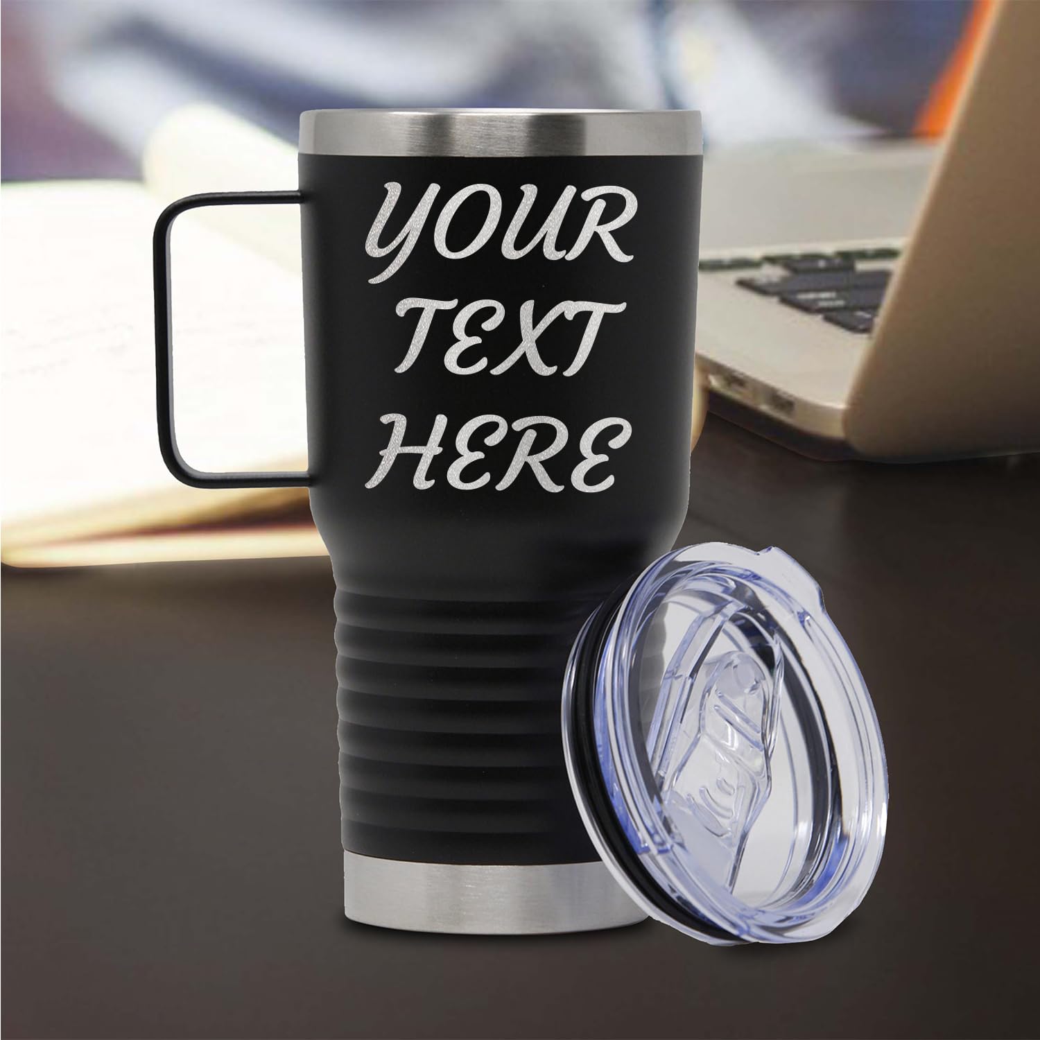 Custom Personalized Your Text Stainless Steel Travel Cup with Handle Tumbler 20oz.