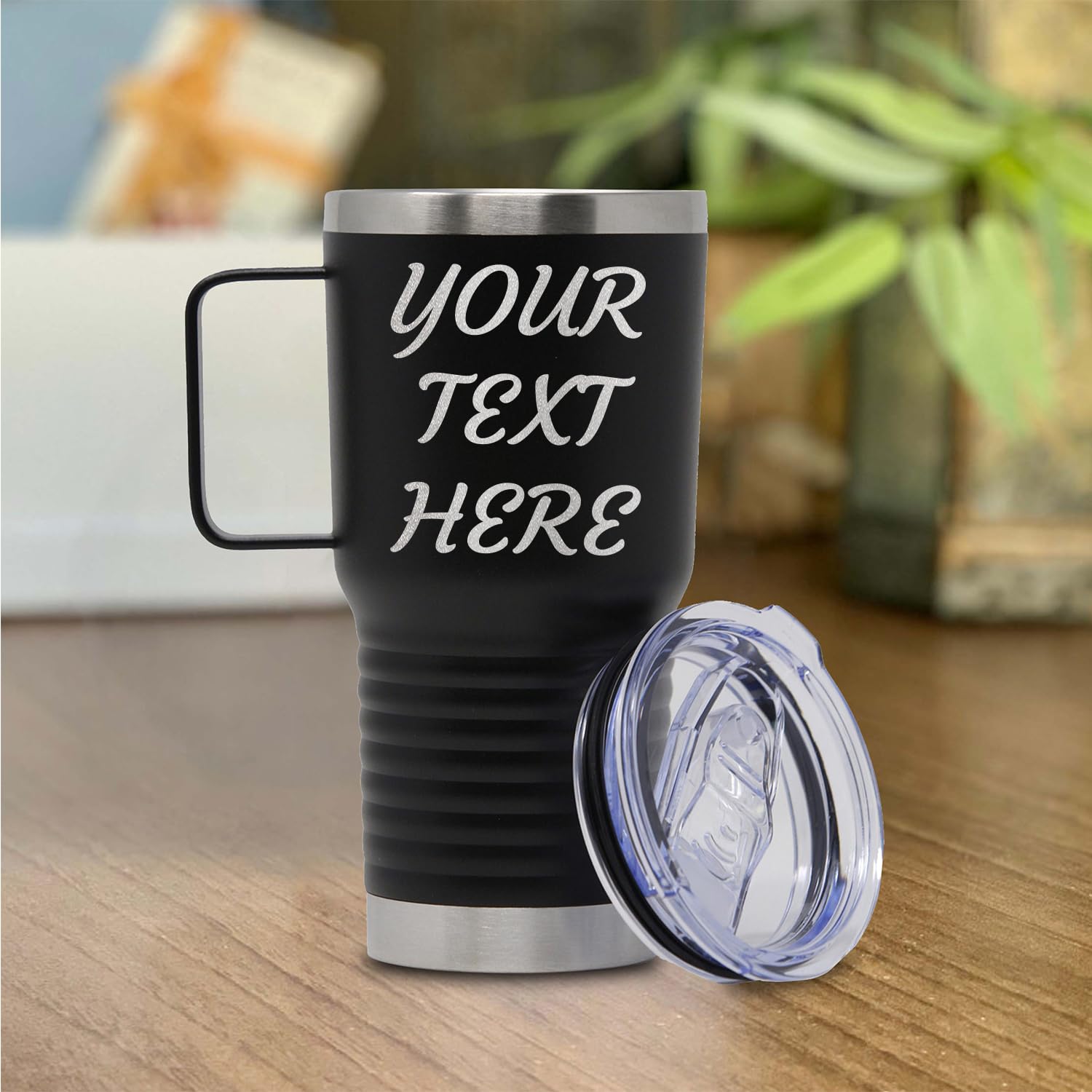 Custom Personalized Your Text Stainless Steel Travel Cup with Handle Tumbler 20oz.