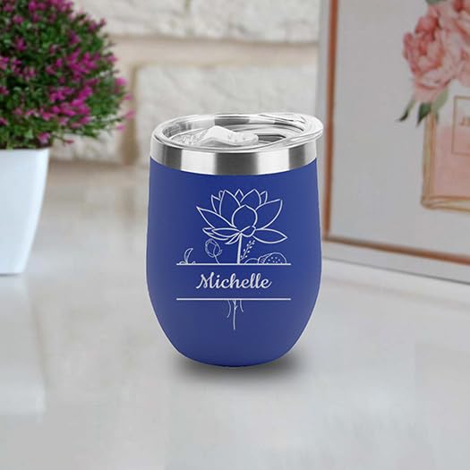 Custom Personalized Birth Flower Your Name in Banner Engraved Insulated Stainless Steel Wine Tumbler with Lid 12 oz.