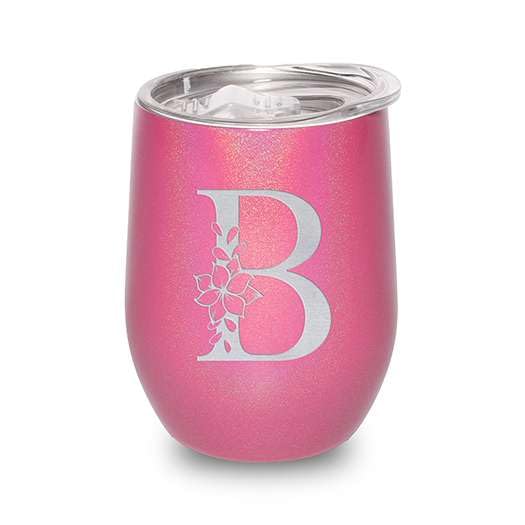 Floral Monogram Letter Initial Engraved Insulated Stainless Steel Wine Tumbler with Lid 12 oz.