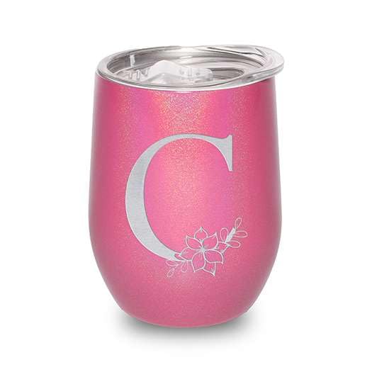 Floral Monogram Letter Initial Engraved Insulated Stainless Steel Wine Tumbler with Lid 12 oz.