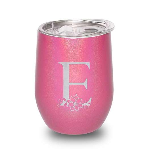 Floral Monogram Letter Initial Engraved Insulated Stainless Steel Wine Tumbler with Lid 12 oz.