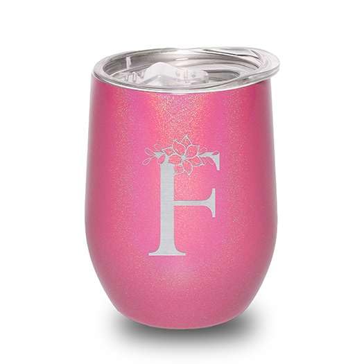 Floral Monogram Letter Initial Engraved Insulated Stainless Steel Wine Tumbler with Lid 12 oz.