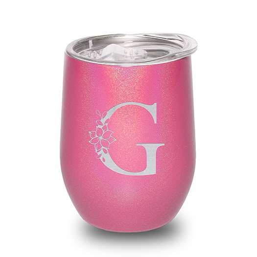 Floral Monogram Letter Initial Engraved Insulated Stainless Steel Wine Tumbler with Lid 12 oz.