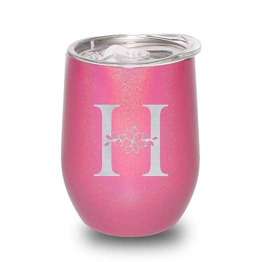 Floral Monogram Letter Initial Engraved Insulated Stainless Steel Wine Tumbler with Lid 12 oz.