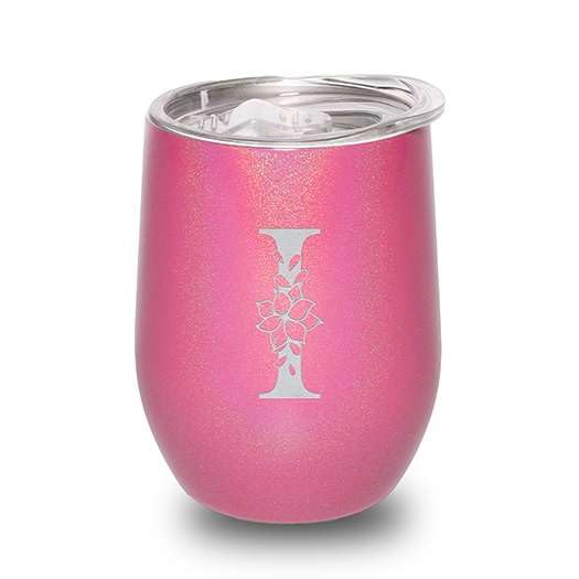 Floral Monogram Letter Initial Engraved Insulated Stainless Steel Wine Tumbler with Lid 12 oz.