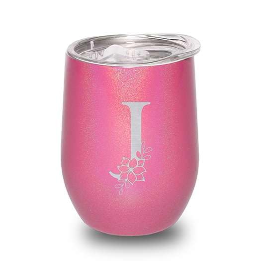 Floral Monogram Letter Initial Engraved Insulated Stainless Steel Wine Tumbler with Lid 12 oz.