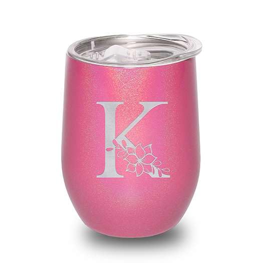 Floral Monogram Letter Initial Engraved Insulated Stainless Steel Wine Tumbler with Lid 12 oz.