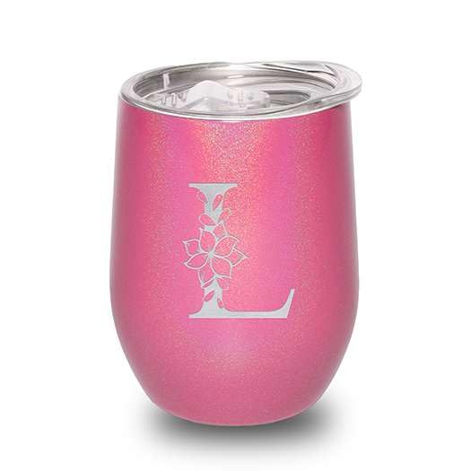 Floral Monogram Letter Initial Engraved Insulated Stainless Steel Wine Tumbler with Lid 12 oz.