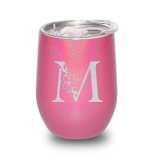 Floral Monogram Letter Initial Engraved Insulated Stainless Steel Wine Tumbler with Lid 12 oz.