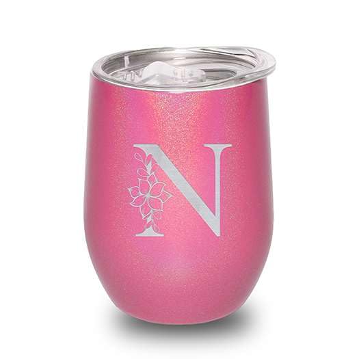 Floral Monogram Letter Initial Engraved Insulated Stainless Steel Wine Tumbler with Lid 12 oz.