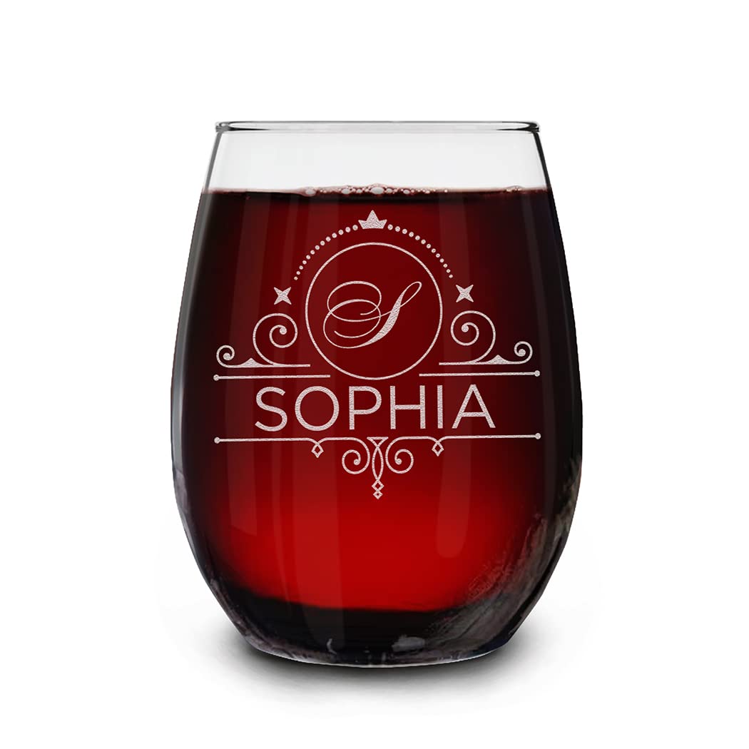 Custom Personalized Monogram Laser Engraved Stemless Wine Glass 15 oz.