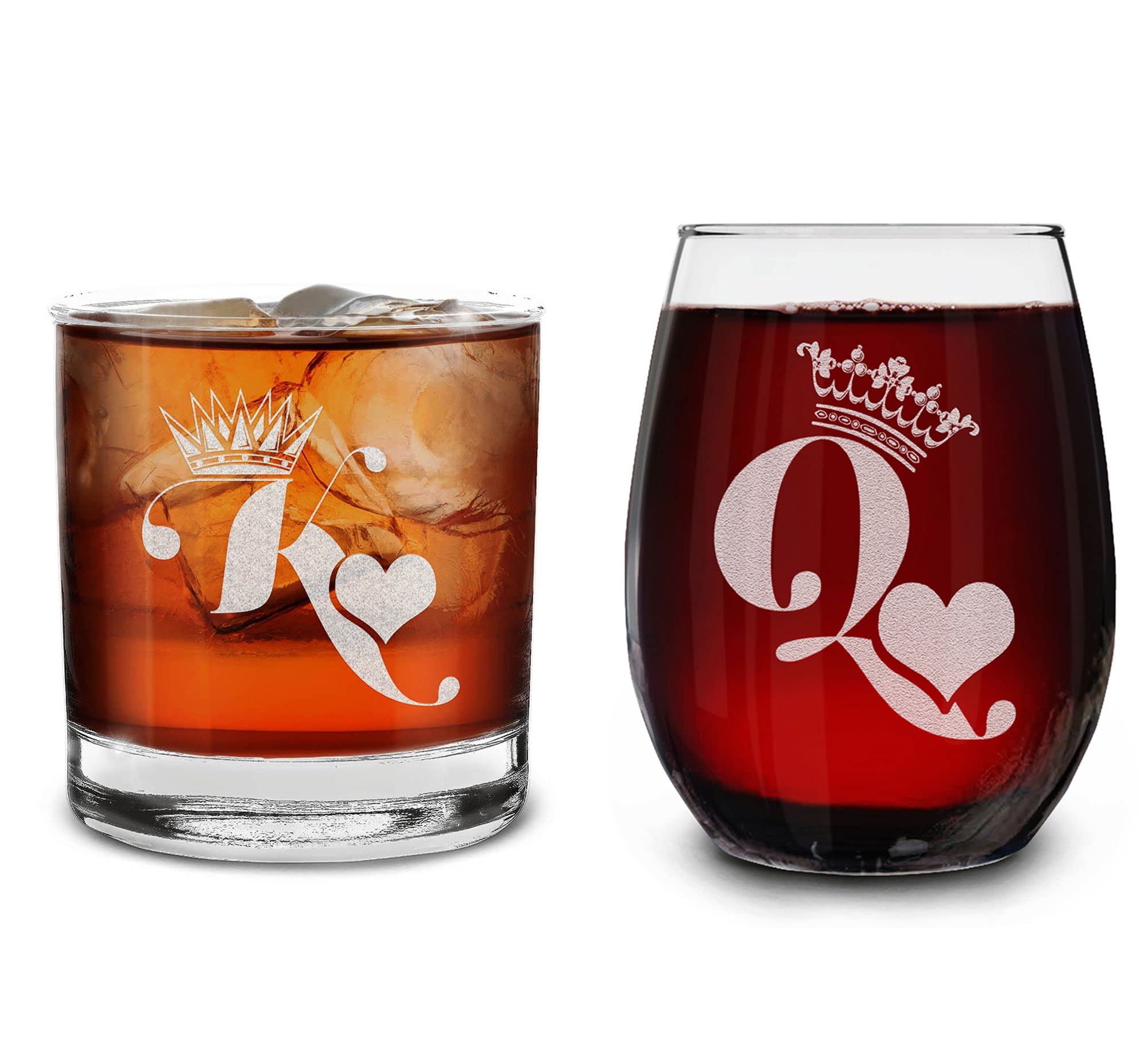 King & Queen of Hearts Couples Gift Set Engraved Whiskey Glass and Stemless Wine Glass.