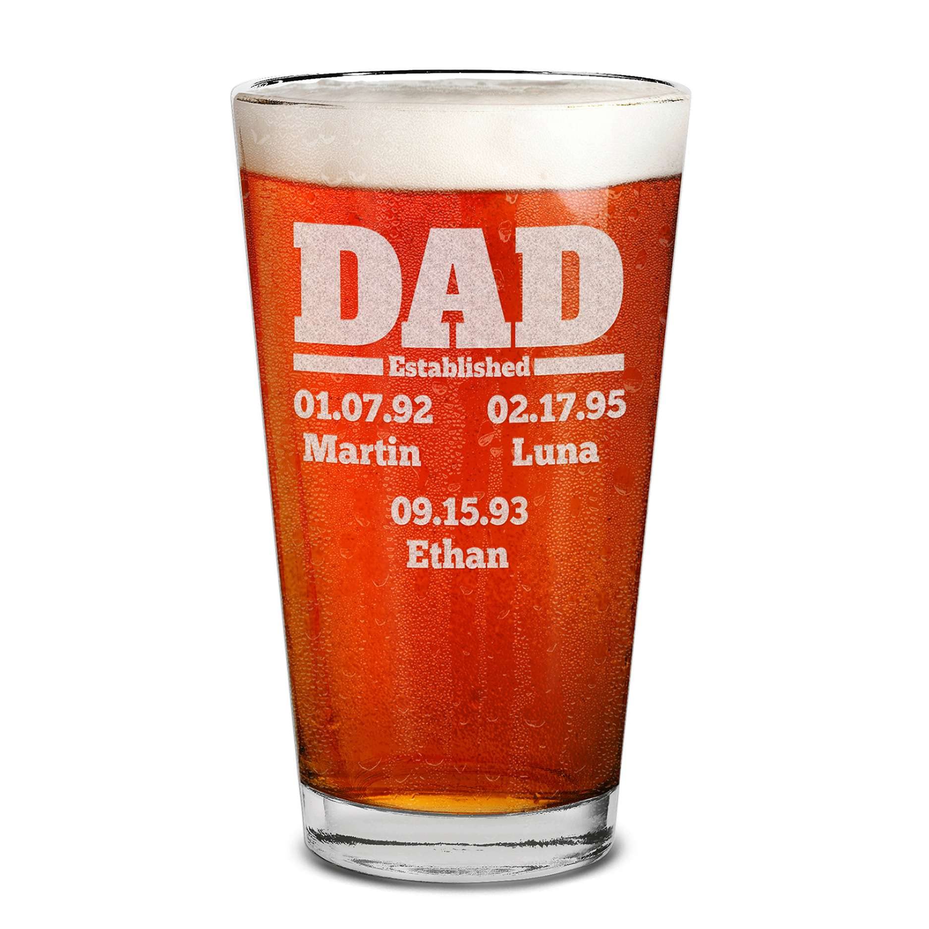 Custom Personalized Dad Established Children's Name Birthdate Engraved Beer Pint Glass 16 oz.