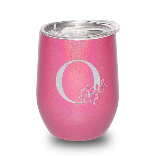 Floral Monogram Letter Initial Engraved Insulated Stainless Steel Wine Tumbler with Lid 12 oz.