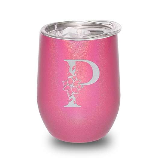 Floral Monogram Letter Initial Engraved Insulated Stainless Steel Wine Tumbler with Lid 12 oz.