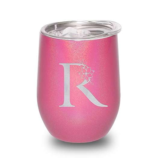 Floral Monogram Letter Initial Engraved Insulated Stainless Steel Wine Tumbler with Lid 12 oz.