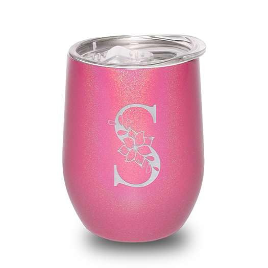 Floral Monogram Letter Initial Engraved Insulated Stainless Steel Wine Tumbler with Lid 12 oz.