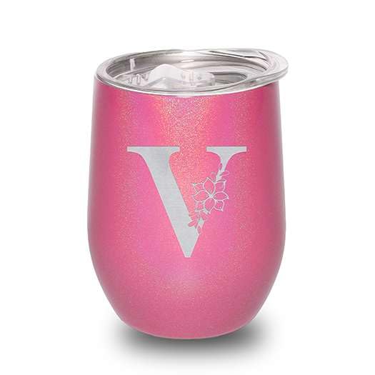 Floral Monogram Letter Initial Engraved Insulated Stainless Steel Wine Tumbler with Lid 12 oz.