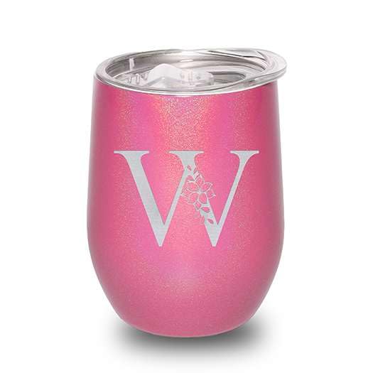 Floral Monogram Letter Initial Engraved Insulated Stainless Steel Wine Tumbler with Lid 12 oz.