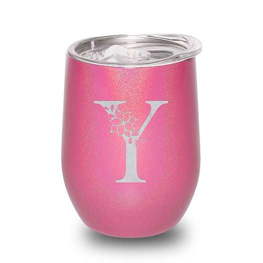 Floral Monogram Letter Initial Engraved Insulated Stainless Steel Wine Tumbler with Lid 12 oz.