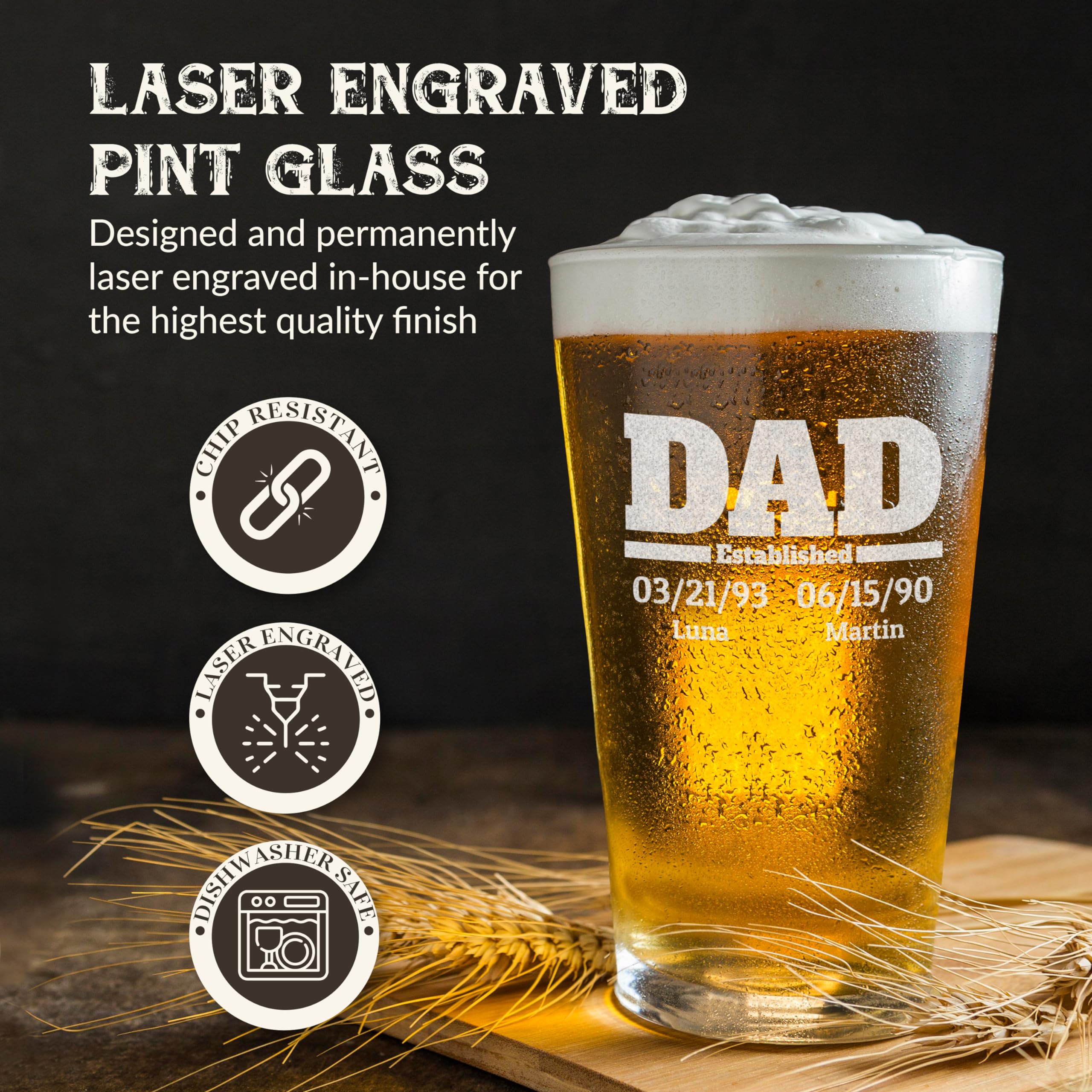 Custom Personalized Dad Established Children's Name Birthdate Engraved Beer Pint Glass 16 oz.