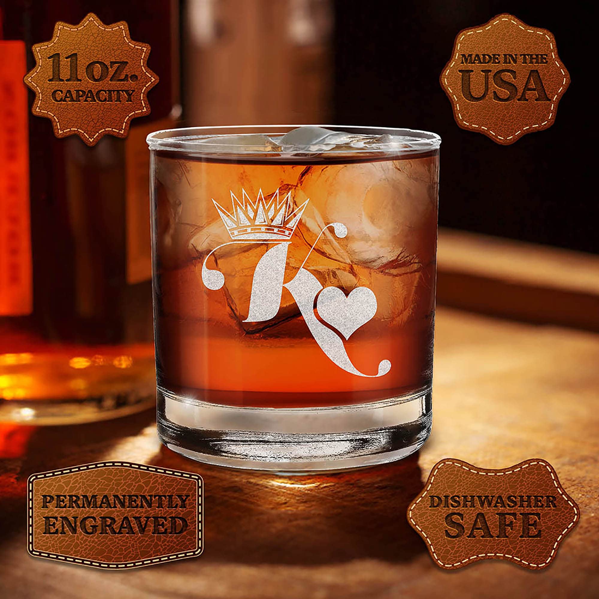 King & Queen of Hearts Couples Gift Set Engraved Whiskey Glass and Stemless Wine Glass.