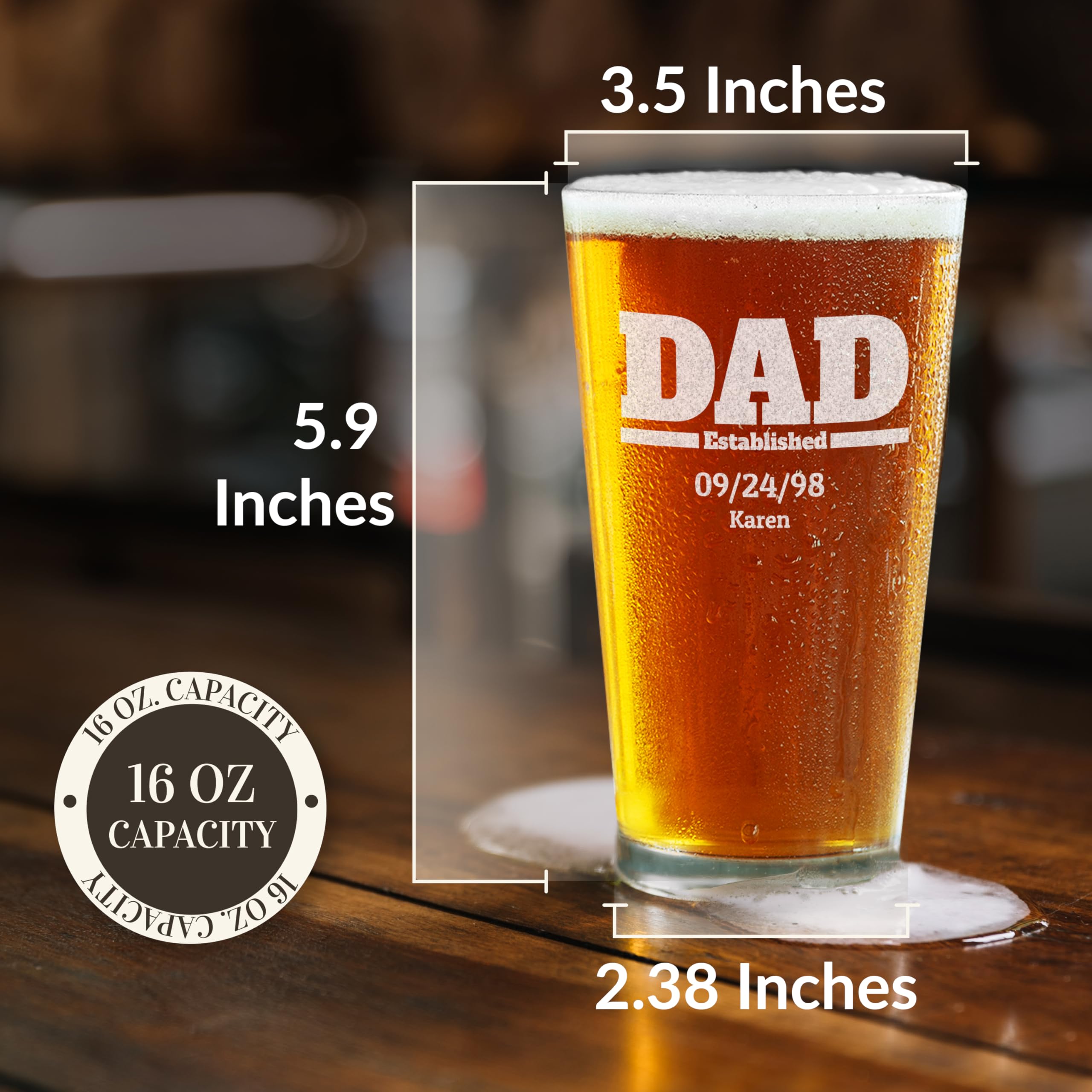 Custom Personalized Dad Established Children's Name Birthdate Engraved Beer Pint Glass 16 oz.