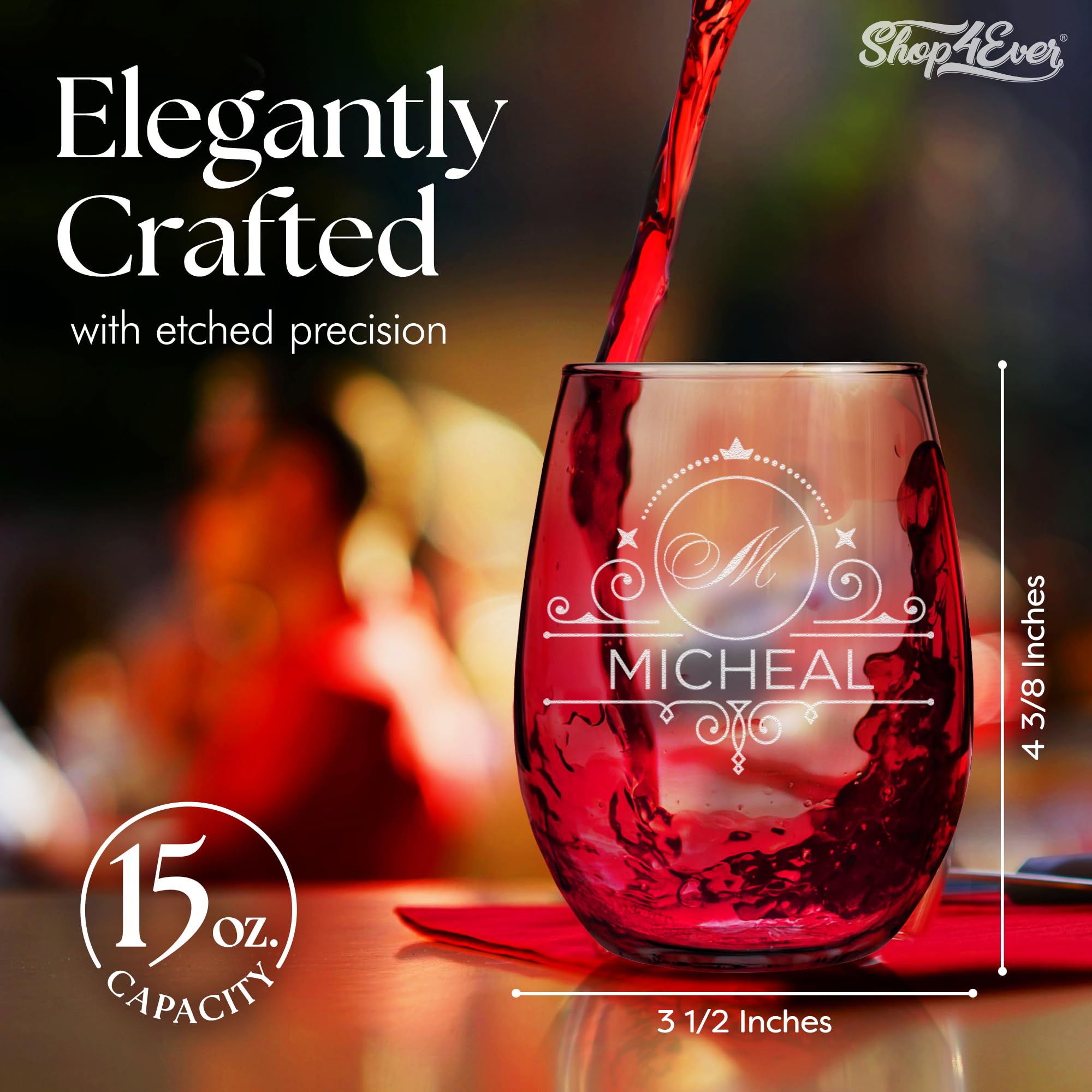 Custom Personalized Monogram Laser Engraved Stemless Wine Glass 15 oz.