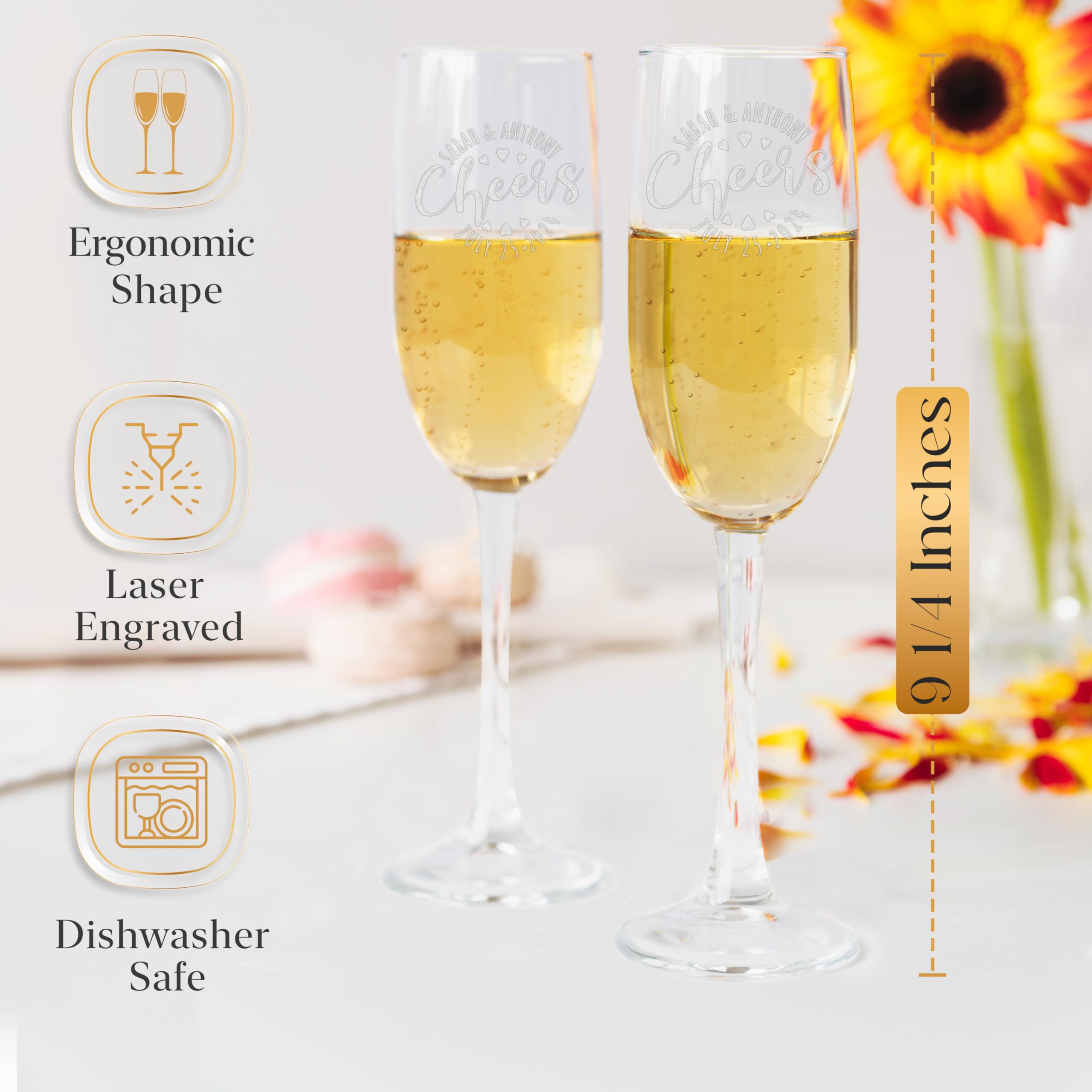 Custom Personalized Wedding Champagne Flute Glasses 8 oz.